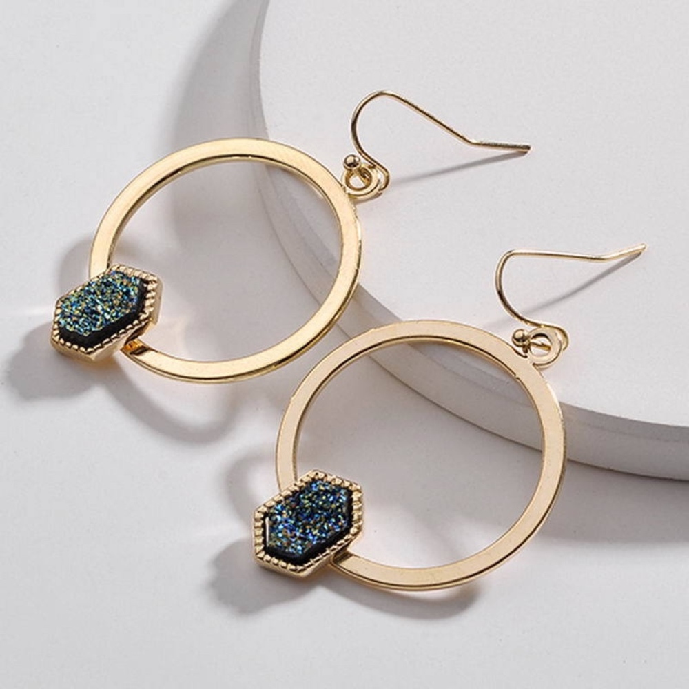 'Spark' Hexagonal Druzy Set Gold Hoop Earrings - Picture 2 of 6